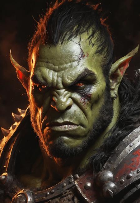 Warcraft Orc, Black over black, top light, masterful painting in the style of Anders Zorn | Marco Mazzoni | Yuri Ivanovich, Todd McFarlane, oil on canvas