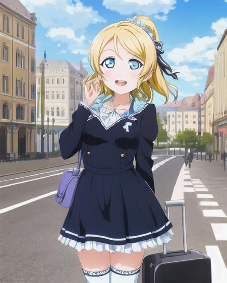 eli_ayase, <lora:eli_v1:0.9>, blue_eyes,  (yello hair:1.2), burger, masterpiece, best quality, 1girl, solo, paimon \(genshin impact\), face closeup, two hands, smile, happy, open mouth,
long sleeves, white dress, dress, thighhighs under boots, single thighhigh, bangs, boots, white footwear,  white thighhighs
detailed background, outdoor,  sky, dandelion, butterflies, castle on lake