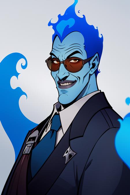 ((masterpiece,best quality)), absurdres,
<lora:Hades_Disney:1>, Hades_Disney,  (blue fire:1, fiery hair, blue fire), solo, young handsome face,
grey skin, smile,
1boy, sunglasses, brown hair, business suit, collared shirt, red necktie, long sleeves, upper body, portrait,
looking at viewer, upper body portrait, cinematic composition,