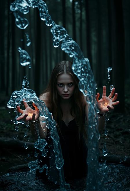 A 35-year-old European girl in the forest uses water magic, horror, dark forest, controls a large flow of water, an evil focused look into the frame