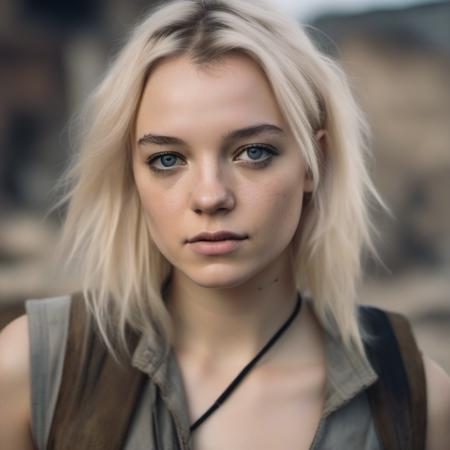 <lora:esme_sdxl:1> esme,, a close up portrait photo of 26 y.o woman in wastelander clothes, blonde hair,   pale skin, detailed skin, tan, (freckles:.5),  slim body, background is city ruins, (high detailed skin:1.2), 8k uhd, dslr, soft lighting, high quality, film grain, Fujifilm XT3