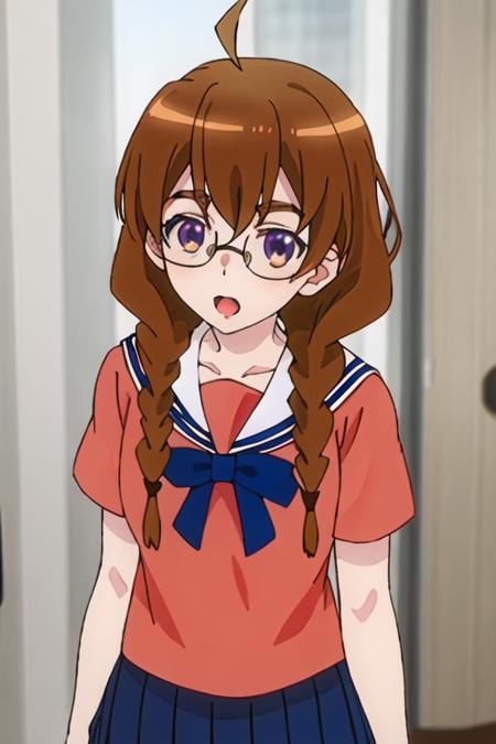 best quality, masterpiece, highres, solo, {sekine_4ninwasorezoreusootsuku:1.15}, brown_hair, glasses, braid, twin_braids, long_hair, ahoge, purple_eyes, serafuku, brown_eyes, 1girl, blue_bow, bow, pink_shirt, sailor_collar, school_uniform, shirt, short_sleeves, thick_eyebrows, upper_body, white_sailor_collar, bangs, looking_at_viewer, anime_coloring, open_mouth