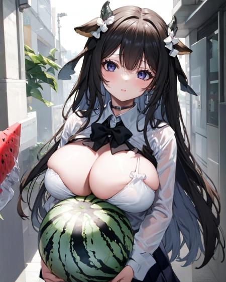 1girl,solo,large breasts, carried breast rest, carrying, watermelon,  <lora:CarriedBreastRestV1:1>,school uniform, black hair,kashino, <lora:KashinoV2:1>