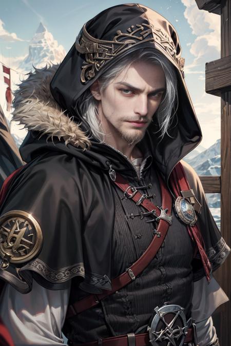 (Absurdres, Intricate Details, Masterpiece, Best Quality, High Resolution, 8k), 1 male, lean, old, aged up, freckles, finely detailed eyes and face, white fade with mustache hair, black eyes,   looking down, solo, half shot, detailed background, focusing, assassins creed,  assassin,  gray tattered  assassin clothes, hood, capelet, leather pouches, small knives,  rebel, dynamic pose, fighting, nordic viking setting, norse tribal clothing, runes,   furs, Scandinavia, closed gate in background,  wind, tribal polynesian, Depth of Field, VFX.