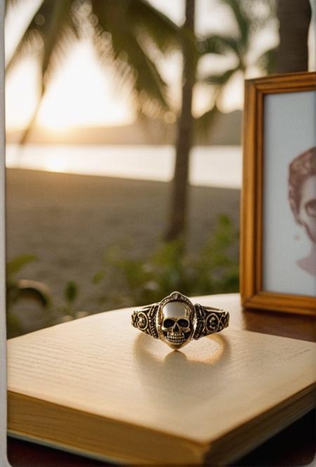 analog film photo ((photo of long luscious woman's ponytail haircut banding gem encrusted clasp)(diamond wedding ring, , hand carved wooden picture frame with black and white photo, adult skull resting on fancy old diary expensive pen on windowsill with tropical island paradise at sunset in background))BREAK)BREAK(ideal photographic lighting gobo conditions)
<lora:LCM-LoRA-XL_V1:0.21>
<lora:SDXLHighDetail_v5:0.3>
<lora:ral-exposure:0.3> ral-exposure 
 <lora:Essenz-BetterPhotography-XL_V1-2:0.3> 
<lora:Great-Lighting-XL_V1:0.9> . faded film, desaturated, 35mm photo, grainy, vignette, vintage, Kodachrome, Lomography, stained, highly detailed, found footage