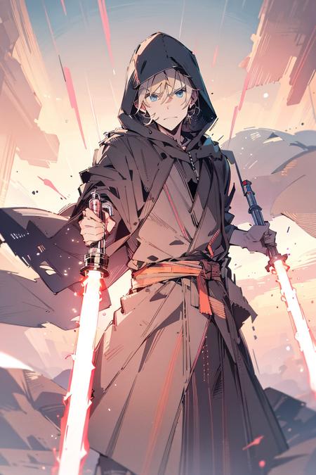 absurdres, highres, ultra detailed, black robe, black hood, BREAK, <lora:light_saber_v2:0.90> light_saber, holding weapon, dynamic pose