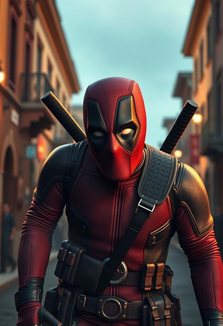 Deadpool in Italy, best quality, realistic, cinematic lighting, hyperrealistic, perfect quality