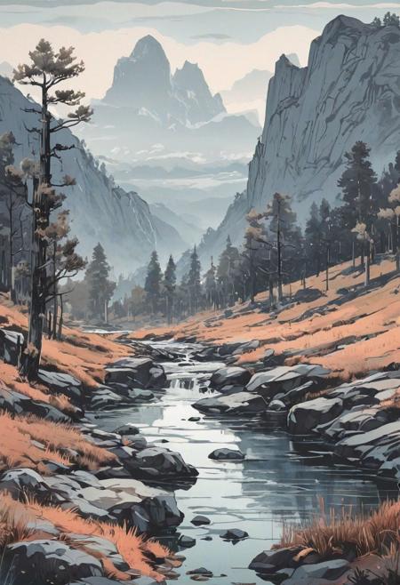 epic landscape, animation style, vectoring, high detailed, ink painting, melancholy colour palette, muted pale light faded colors, a complex composition,