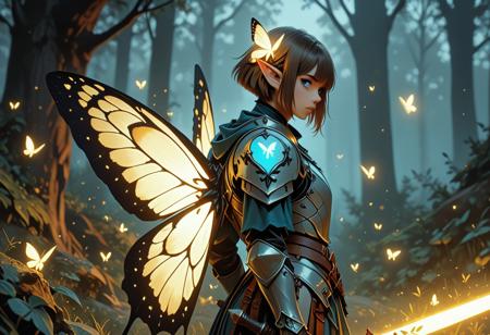 score_9_up, score_8_up, score_7_up, score_6_up. masterpiece, best quality, good quality, very aesthetic, absurdres, semirealism, fantasy, 8K, depth of field, focused subject, cowboy shot, Elf knight, 19yo, androgynous, pointed ears, short brown hair, male haircut, blue eyes, wearing detailed armor, wielding blue glowing sword, he is standing, sword resting against the ground, large white glowing butterfly wings on the knight's back, trees in background, hkvaloria
