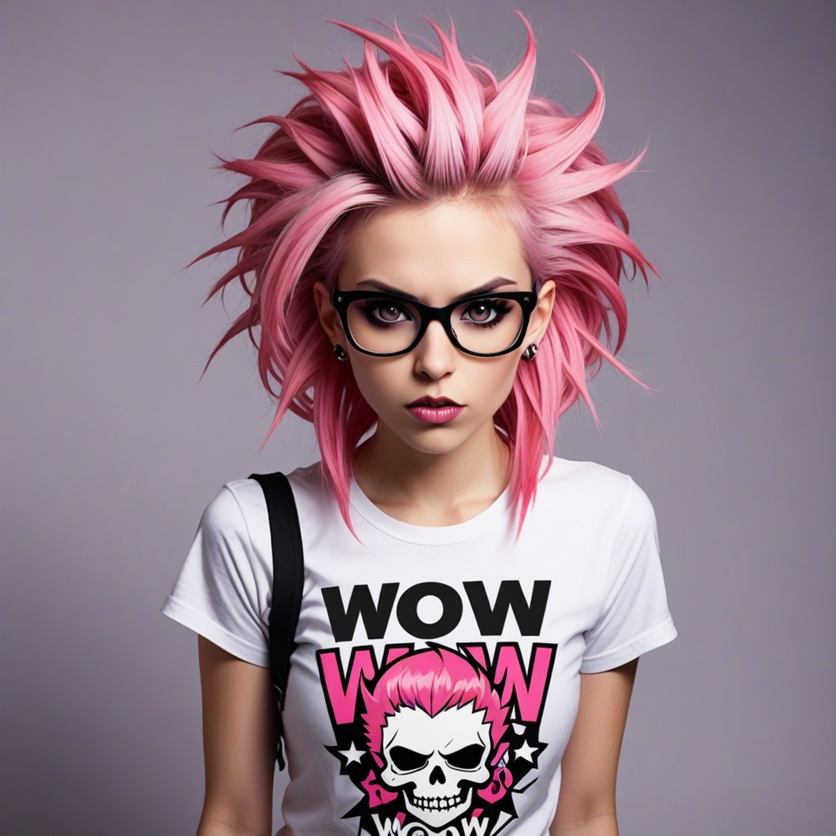 photograph of a beautiful punk woman, "WoW" t-shirt logo with skull design, pink hair, nerdy,
