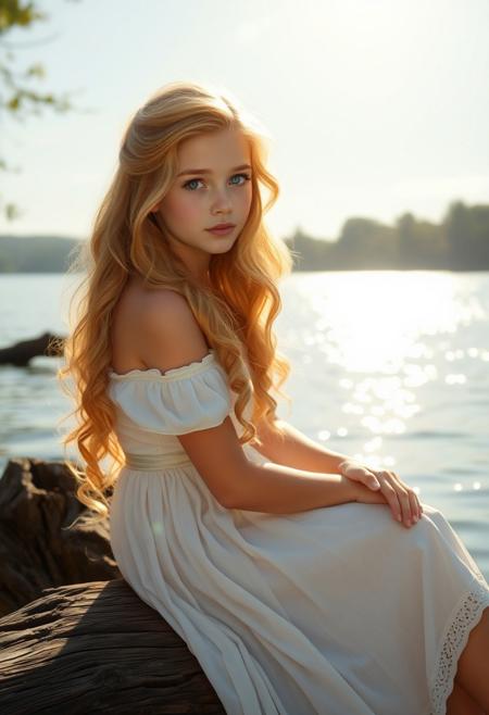 an innocent, gentle princess named Isabelle aged 18. she has soft wavy golden hair, innocent blue eyes, and is wearing a white dress. she is sitting on a log by the lake, gazing at the shimmering water under the sun