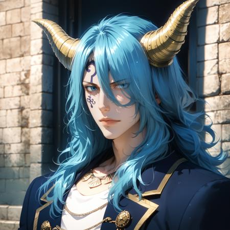 merukufobia, blue eyes, blue hair, hair over one eye, (dragon horns:1.1), face tattoo