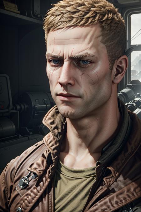 WolfenBlazkowicz, realistic, 1boy, male focus, solo, scar, brown hair, scar on face, upper body, short hair, closed mouth, looking at viewer
<lora:epi_noiseoffset2:1>,  <lora:WolfenBlazkowicz:0.7>