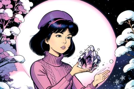 Yoko Tsuno, (holding a (small) bright (purple) glowing amethyst crystal), ((short black hair)), black eyes, red hairband, pink and light purple sweater, ((pink and white winter cap)), 1girl, solo, alone, ultra high res, ultra detailed, masterpiece, crystal clear, sharp focus, traditional media, 1990s \(style\), science fiction, retro artstyle, <lora:yoko_tsuno-10:0.9>