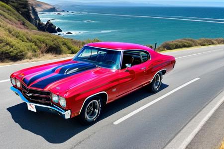 1970ChevelleSS_REDBLACK
 racing along a windy cliff road, highway 1, california, ocean background,
shot from above on a Red digital cinema camera, rule of thirds,
8k uhd, high quality, high detail, 8k, vibrant color, reflections, detailed background,
<lora:more_details:0.2>
<lora:3DMM_V12:0.5>
 <lora:1970ChevelleSS:0.7>