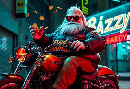 Buzz Daddy is a larger-than-life character with a Harley biker edge. His chubby, bulky build contrasts with his rugged style—dressed in a leather-studded corporate tracksuit with psychedelic accents, and a standout orange piece reading “The Road to Torino.” A buzz coin-shaped yogurt buckle and long, straight white hair complete his look. His thick, bushy Harley-style mustache and beard add a tough, custom flair, while his Ray-Ban Wayfarer goggles reflect the electric glow of neon signs. Buzz Daddy mischievously tosses stacks of Buzz coins, embracing his rebellious energy.
In this Harley custom scene, Buzz Daddy sits atop a roaring, custom Harley motorcycle, with the open road around him. The gritty alleyway setting is bathed in neon lights, adding to the vibe of freedom and adventure. His name, “Buzz Daddy,” is emblazoned in bold cinematic lettering on the side of his bike or a nearby glowing billboard, blending digital art with biker culture. The composition is surreal and playful, reflecting Buzz Daddy’s meme-driven persona, amplified by artistic influences from aidmafluxpro1.1, aidmaMJ6.1, and aidmahyperrealism, creating an unforgettable visual of his larger-than-life presence.
