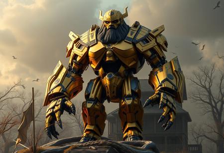 Create a highly detailed, 8k resolution digital of a strong and imposing exoskeleton Goliath standing on a Cursed Dollhouse. The Goliath should wear golden full-body armor, with a face resembling that of an armored villain. The artistic style should blend elements of Tim White, Alphonse Mucha, and Artgerm, with a focus on grimdark vibes and cinematic lighting. The character should be depicted in a warm greeting pose, with a focus on showcasing the intricate details of the exoskeleton and armor. Incorporate micro and lifelike details, adhering to the golden ratio and hyper-realistic principles. Style the artwork to be reminiscent of a final boss or a masterpiece, with the potential to trend on Artstation.