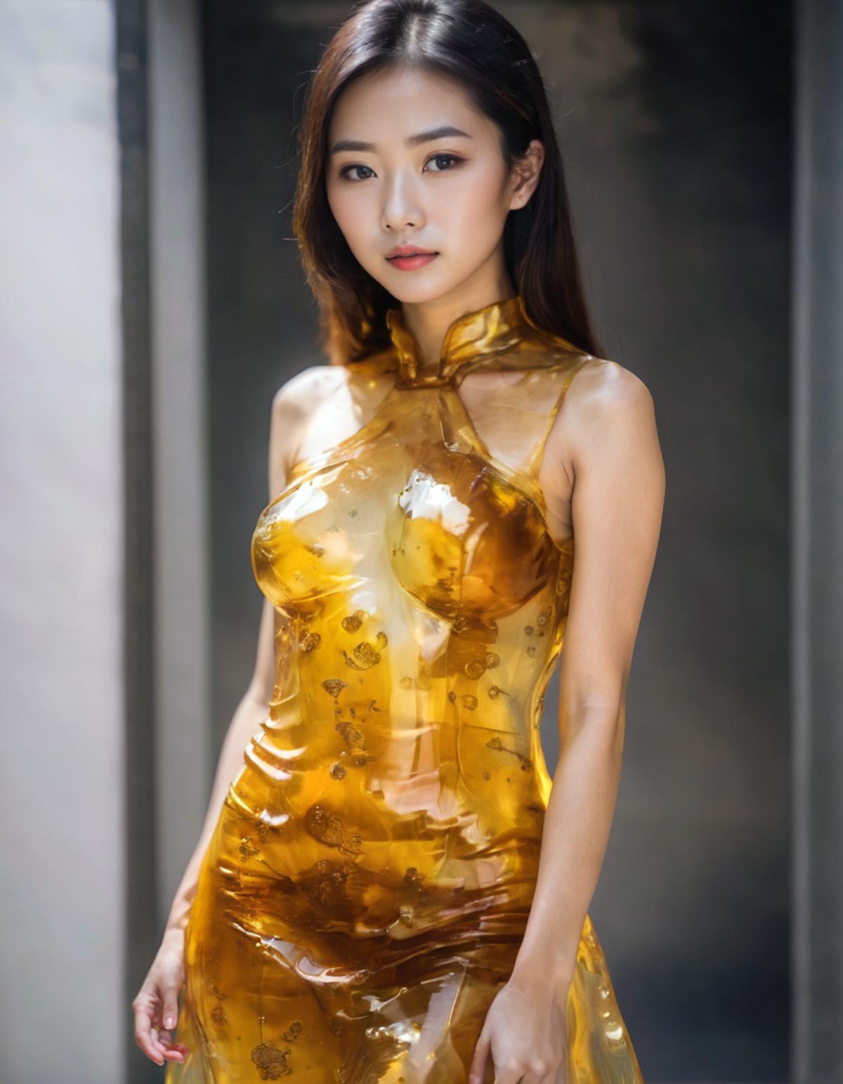A woman wearing a yellow dress with an Asian design.