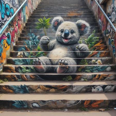 masterpiece, best quality, stair-art, koala bear eating weed, happy, stairs,<lora:stair-art2:1>