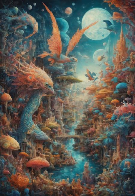 surreal landscape, fantastical creatures, vivid colors, intricate patterns, futurism, classical art, harmonious coexistence, emotional resonance, storytelling, otherworldly, balance, chaos, order, reality, fantasy, breathtaking, unique masterpiece, high detail, imaginative, dreamlike, ethereal atmosphere, luminous, awe-inspiring, timeless beauty