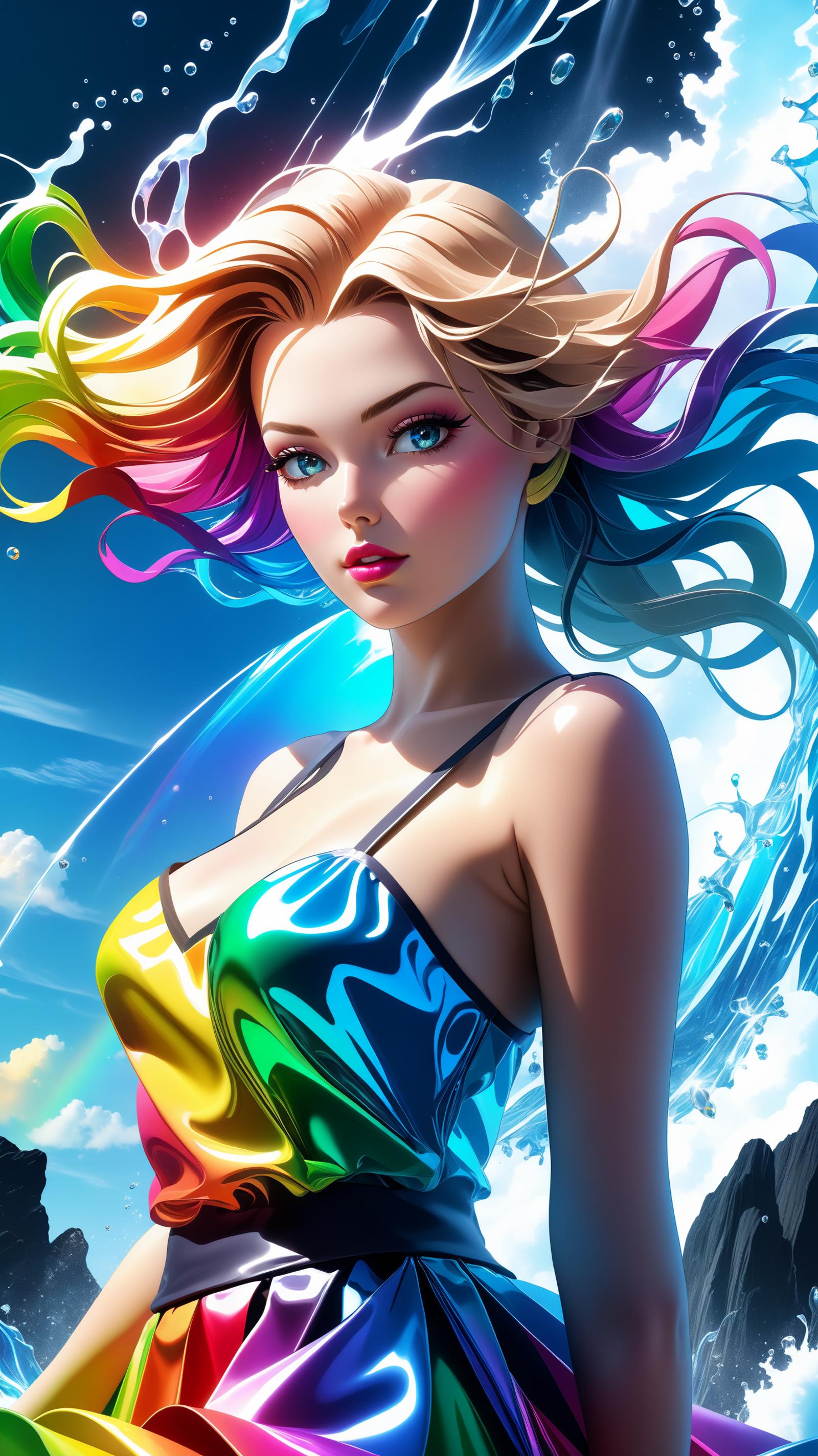 Colorful Cartoon Illustration of a Woman in a Rainbow Swimsuit