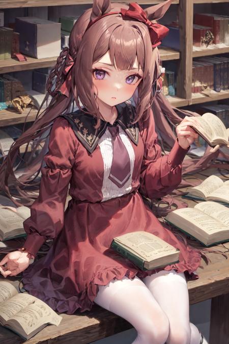 masterpiece, best quality,
sweep tosho \(umamusume\),
sitting, on chair, looking books,
casual, hair bow, headband, collarbone, puffy long sleeves, juliet sleeves, purple necktie, short necktie, collared dress, red dress, white pantyhose, black footwear, mary janes,     
<lora:sweep_tosho_locon_1.0:0.8>