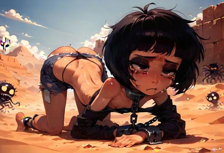 score_9,score_8_up,score_7_up, ASCII, masterpiece, expressive eyes, perfect face, pureerosface_v1, goth girl, short girl, minute, denim miniskirt, , deep neckline, (flat chest), petite, skinny, beautiful,
tied and chained to a box in the middle of the desert alone, on all fours, 1 girl, she is sweaty and urinated, her face is tired and exhausted, she is crying, worms are coming out of her ass, large, thong drawn and cactus and stones, ferocious animals surround her, desert, no background, side image