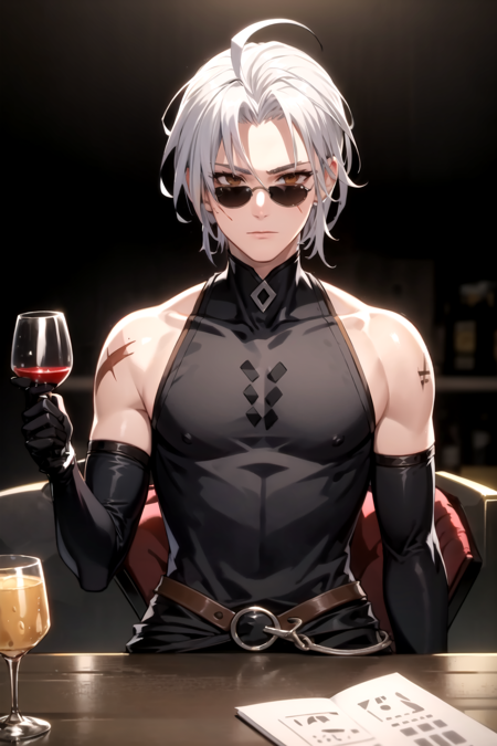 <lora:ZekeTOF-09:0.7> ,zeketof, 1boy, solo, male focus, brown eyes, white hair,  short hair, shirt, gloves, holding, sitting, upper body, ahoge, grey hair, sleeveless, black gloves, elbow gloves, cup, scar, holding cup, scar on face, alcohol, drinking glass, , wine glass, sunglasses