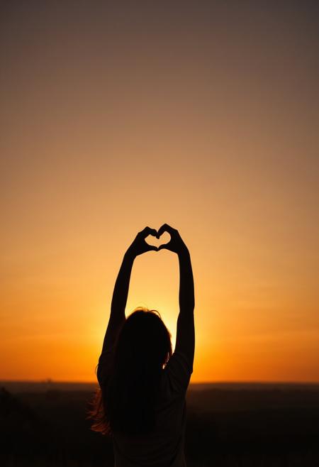 sunset, silhouette, woman, heart shape, hand gesture, warm colors, outdoor, dusk, sky, creative pose, backlit, soft focus, landscape, golden hour, tranquility, leisure activity, nature, serene, orange tones, casual attire
