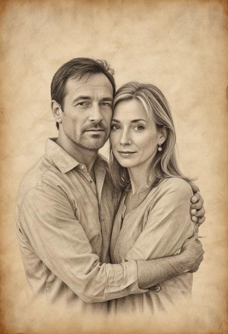 iink illustration on parchment, masterpiece, high resolution, portrait, full length, handsome 45 year old man and beautiful 40 year old woman, focus on eyes, various poses, face to face, hugging, cuddling