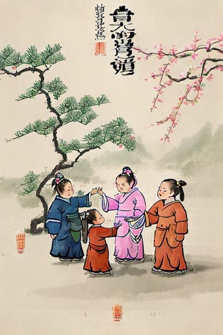 high quality,6+girls are playing  in a chinese painting style,