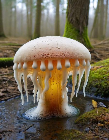 slimey jellyfish,mushroom, nature, forest, outdoors, tree, walking, water, ral-beer river <lora:ral-beer:1> made of ral-beer