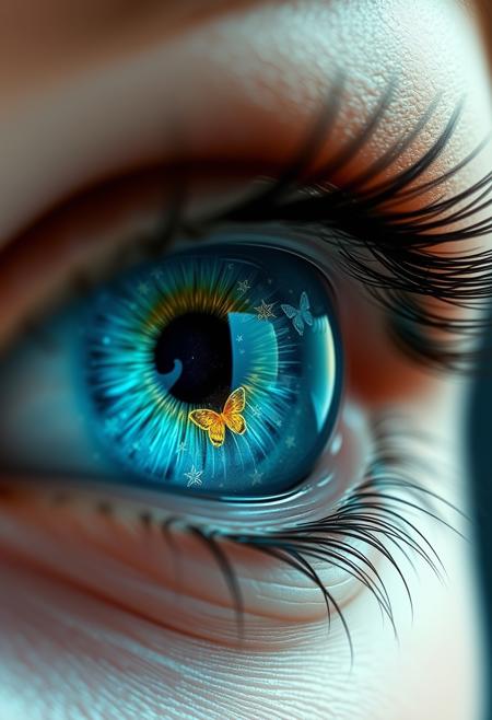 "Hyper-realistic depiction of a pair of eyes that shimmer and glow with intricate, swirling designs. The irises are a deep, rich blue, with delicate patterns of stars, hearts, and butterflies dancing across their surface. The pupils are shaped like tiny fish, with scales that glimmer like diamonds. The eyes seem to hold a deep, inner light, as if the very soul of the person is shining through. The eyelids are thin and delicate, with a subtle sheen that suggests a gentle, otherworldly glow. The surrounding skin is smooth and unlined, with a subtle texture that suggests a gentle, ethereal quality. Style: extremely detailed, hyper-realistic, and dreamlike, with a focus on capturing the intricate patterns and textures of the eyes, and conveying a sense of wonder and enchantment."