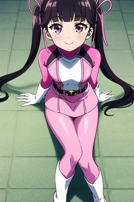 masterpiece, best quality, <lora:haru_arisugawa:0.7> haru_arisugawa, 1girl, solo, pink eyes, black hair, long hair,  twintails, hair ribbon, smile, looking at viewer, pink bodysuit, multicolored bodysuit, pink skirt, white boots, white gloves, belt, pink sleeves, sitting,