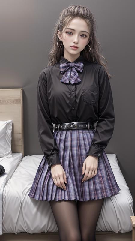 skirt,plaid necktie,belt,plaid skirt,black shirt,bowtie,