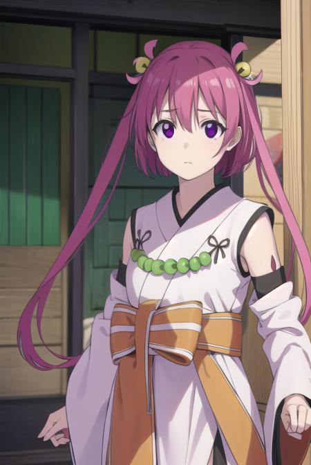 oomiyanome no kami, long hair, hair ornament, twintails, (purple eyes:1.1), purple hair, bell, hair bell, skirt, detached sleeves, japanese clothes, necklace, miko, magatama,