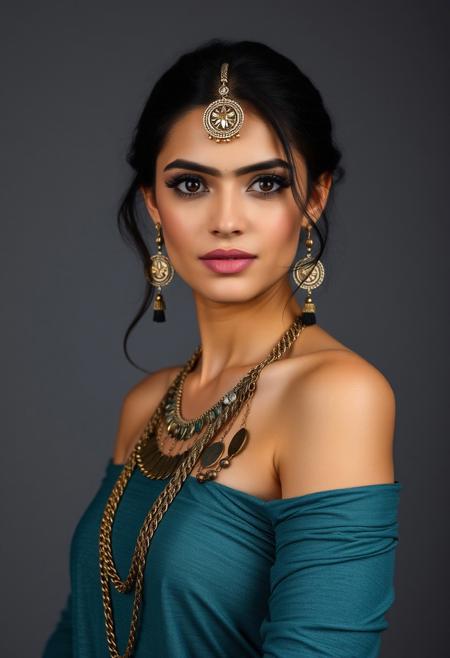 front view, beautiful woman with her left bare shoulder covered with coins and chains, arabian ornament style, grey background studio