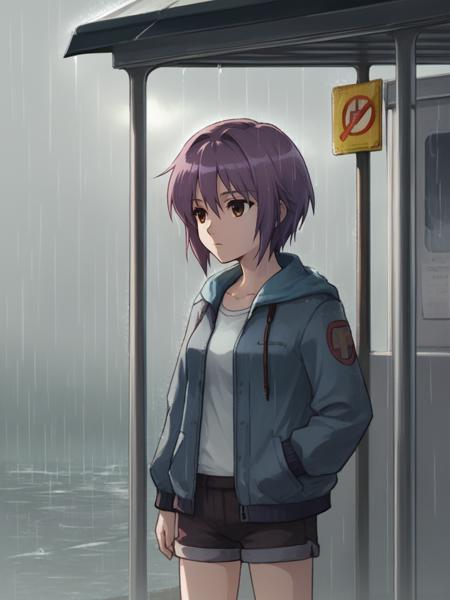 score_9, digital art,
1girl, nagato yuki, purple hair, short hair, brown eyes,
standing,
expressionless,
rain, bus stop, shorts, jacket
<lora:nagato autismmix_Confetti 40x40 Prodigy__cosine_dim8_sv_fro_dp0.9:0.6>