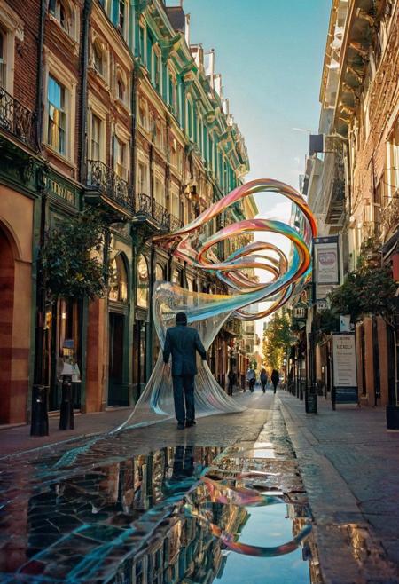 streets warp into Mobius strips. A lone figure, suspended mid-air, appears trapped in an optical illusion of reflections and refractions colorful , professional photography, natural lighting, volumetric lighting maximalist. intricately detailed, complex, elegant, expansive, fantastical, film photography style,  medium grain