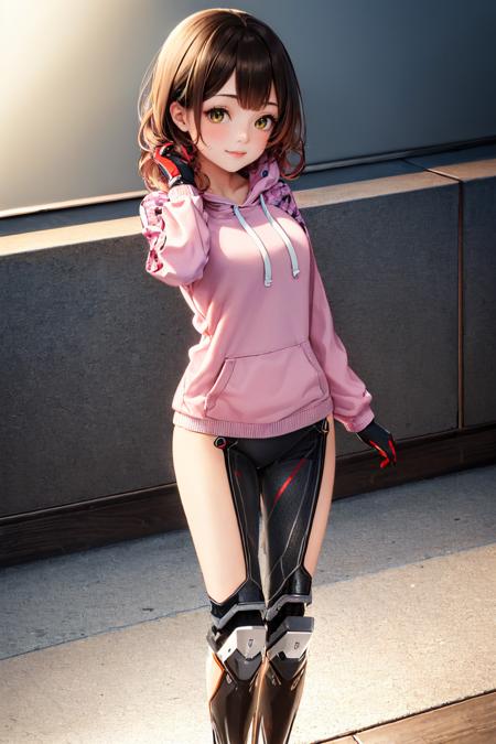 (masterpiece, best quality:1.2), solo, 1girl, roboco1st, android, mechanical arms, smile, looking at viewer, pink hoodie, gloves, mechanical legs <lora:hololive_roboco-san-10:1>