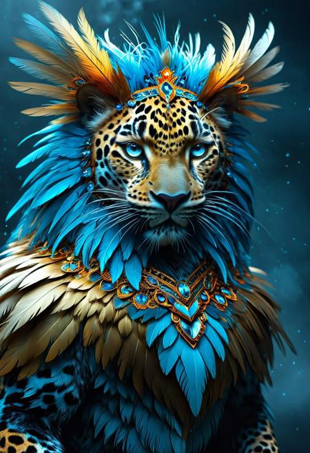 A hauntingly fused creature combines the body of a magnificent macan, an Asian leopard, with the head and wings of a burung jalak, a striking blue bird. This surreal being is set against a dark, misty backdrop, illuminated by subtle, eerie lighting that highlights the sharp, angular features of the macan's face and the vibrant, expressive eyes of the jalak. Its feathers are ruffled, and its beak is open in a silent scream, as if protesting against this unnatural amalgamation. The sleek fur of the macan merges seamlessly with the jalak's iridescent feathers, creating a disconcerting contrast that evokes a sense of dread and unease.