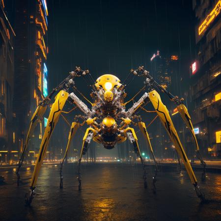 a (mechcd, shiny:1.2, glowing:1.2, glowing eyes, mechanical parts, cyberpunk, yellow theme:1.3) (spider:1.2), (solo:1.2), <lora:mechcd-000007:0.9>, no humans, high quality, masterpiece, realistic, photorealistic, (outdoors, full body, science fiction, cityscape, at night, dim light, raining),