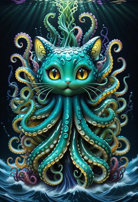 cs-l3ath3r, octocat, a mythical creature with the head of a cat and the body of an octopus, (cat head:1,6), whiskers, (cat ears:1.5), (inner fluff ears:1.3), (cat eyes:1.5), tentacles, eight tentacles, twisting tentacles, swirling tentacles, dark background, deep sea background, directed light, spotlight, best_quality, masterpiece, absurdres, highres, subject_focus, depth_of_field, ultra_detailed, sharp_focus, high_detail, intricate detail, clean_lines, volumetric lighting, dynamic shot, patterns, intricate weavings, rich colors, liquid smoke wrapping the tentacles,