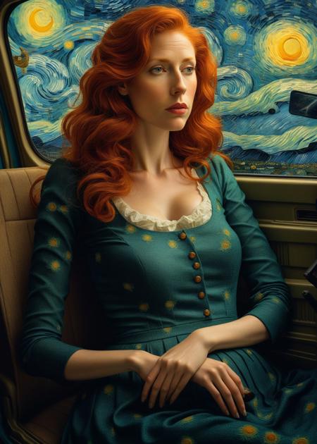 Mrs. Micki Griffin, Redhead, surreal representation of a woman lost in thought, with a dreamlike quality to her features and surroundings, Inside A Van Gogh Painting
