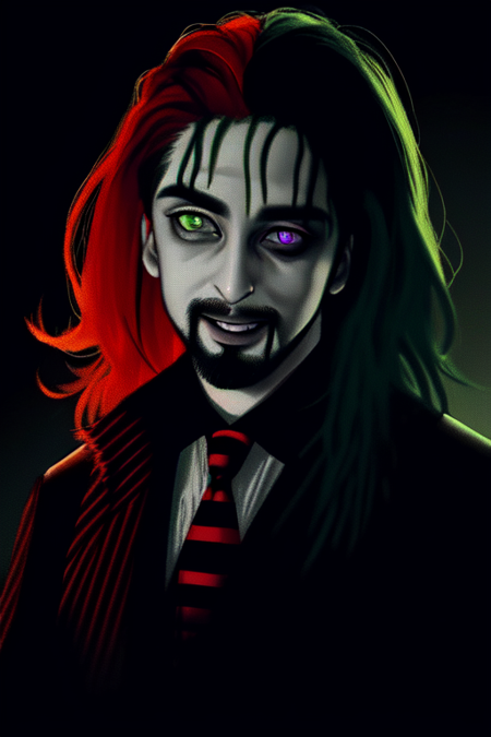 Beetlejuice, 1boy, male focus, solo, masculine, facial hair, beard, dirty face, (demonic, semi realistic),holographic eyes, heterochromia, purple eyes, striped jacket,striped shirt, two tone hair, streaked hair, multicolored hair, red hair, green hair, wild hair, evil scene, prison clothes, necktie, teeth, side lighting, ray tracing, depth of field, solo, extreme light and shadow, masterpiece, post apocalyptic, rich in detail,(detailed eyes), (handsome) detailed, (dirt splotches), (horror theme), (beetlejuice), detailed eyes,(masterpiece), (extremely detailed CG unity 8k wallpaper),(best quality), (ultra-detailed), (best illustration),(best shadow),rim lighting, beetlejuice, ((Beetlejuice)), crazy grin, crazy expression,