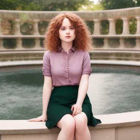 Casual Iphone photo, 3liza2, casual, plain Green shirt and and Black Skirt, sitting in the edge of a fountain in a park,  sharp focus, studio light, rule of thirds, studio backdrop, Long curly red hair with ringlets, fit to image, headroom,