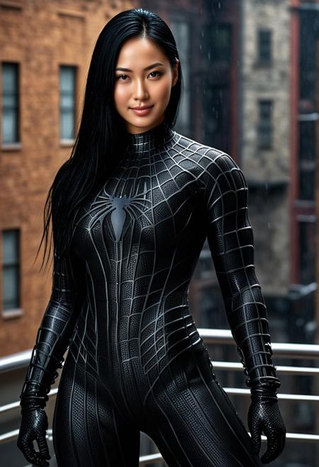 score_9, score_8_up, score_7_up, best quality, realistic, masterpiece, beautiful detail, hyperrealistic, cafe, ((1girl, woman body, huge breasts)), amazing detailed full body portrait of a beautiful japanese girl, wearing a realistic and highly detailed black raimi spider-man suit, ((huge muscular girl)), professional model wears ultra - detailed black raimi spider - man suit, ultra - detailed and grained black raimi spiderman suit, suit covered entire body and hand, black spiderman gloves, wet, (full body), (chilling pose), smile, black hair, octane render, highly detailed, volumetric, dramatic lighting, (highest quality:1.1), (HDR:1.3), (top quality, best quality), realistic, high definition, Expressionism - sharp focus, professional photography, masterpiece, ultra detailed photograph, high quality, 8k,