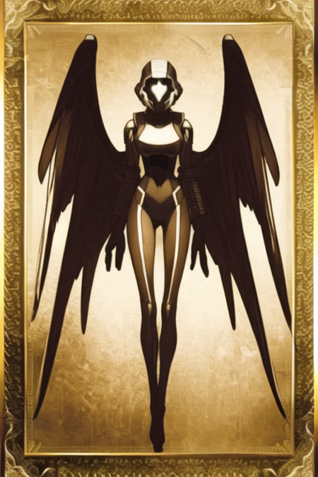 masterpiece, best quality, class card, solo, monochrome, sepia, <lora:class_card_v3:0.8>, cyberpunk, 1girl, science fiction, mechanical wings, mask,