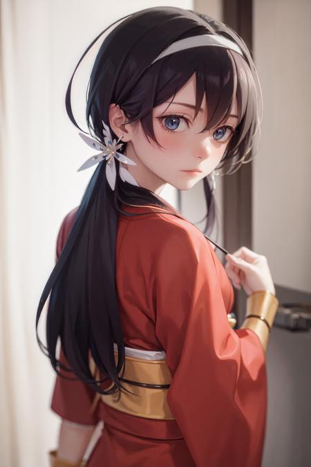 (masterpiece, best quality:1.2), <lora:bsd_kyouka-10:0.8>, from behind, solo, 1girl, izumi kyouka, expressionless, looking back, hair flower, hair ornament, japanese clothes, red kimono