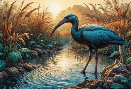 In the early morning light an ibis stands in the clear water in the reed beds of an ancient Egyptian river delta. Cinematic lighting, dynamic composition,(((sharp focus))), (hyperdetailed:1.3), (intricate details:1.2), (Refined details:1.3), (best quality:1.5), highly detailed textures, vibrant colours, (ultra sharp focus:1.8), ink art, line art
